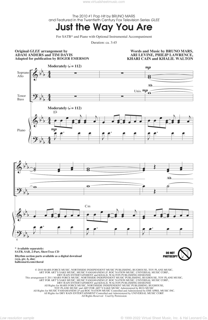 Just The Way You Are (from Glee) (arr. Roger Emerson) sheet music for choir (SATB: soprano, alto, tenor, bass) by Bruno Mars, Ari Levine, Khalil Walton, Khari Cain, Philip Lawrence, Adam Anders, Glee Cast, Miscellaneous, Roger Emerson and Tim Davis, wedding score, intermediate skill level