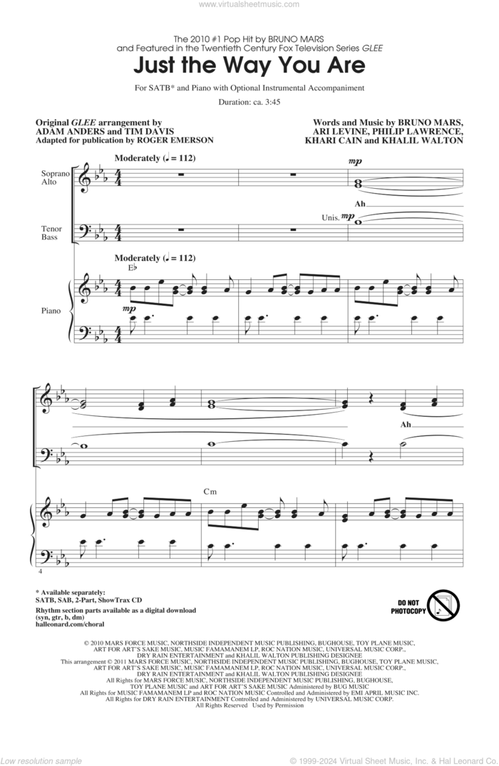 Just The Way You Are (from Glee) (arr. Roger Emerson) sheet music for choir (SATB: soprano, alto, tenor, bass) by Bruno Mars, Ari Levine, Khalil Walton, Khari Cain, Philip Lawrence, Adam Anders, Glee Cast, Miscellaneous, Roger Emerson and Tim Davis, wedding score, intermediate skill level