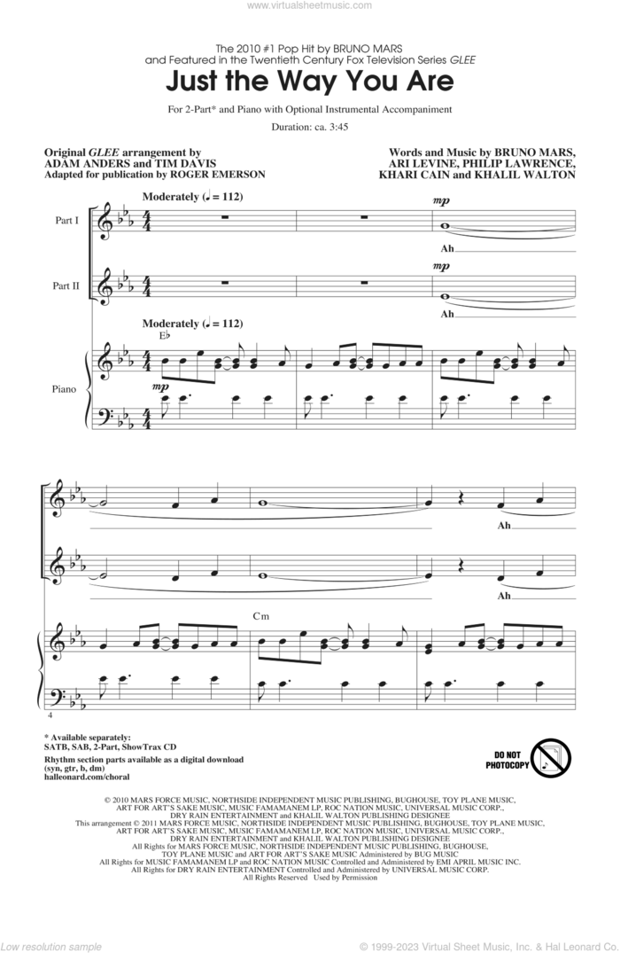 Just The Way You Are (from Glee) (arr. Roger Emerson) sheet music for choir (2-Part) by Bruno Mars, Ari Levine, Khalil Walton, Khari Cain, Philip Lawrence, Adam Anders, Glee Cast, Miscellaneous, Roger Emerson and Tim Davis, wedding score, intermediate duet