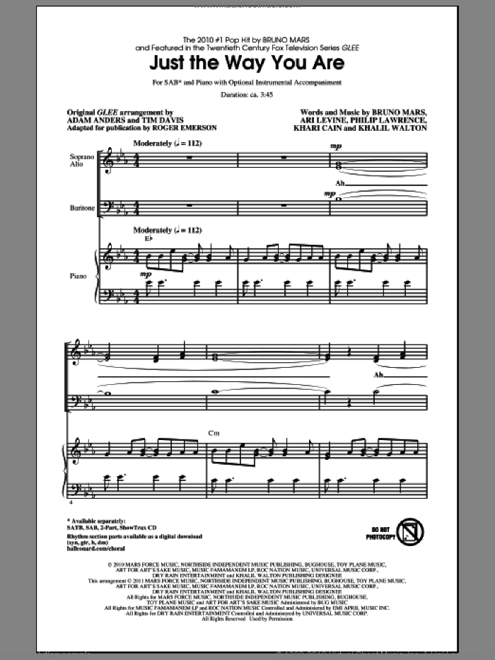 Just The Way You Are (from Glee) (arr. Roger Emerson) sheet music for choir (SAB: soprano, alto, bass) by Bruno Mars, Ari Levine, Khalil Walton, Khari Cain, Philip Lawrence, Adam Anders, Glee Cast, Miscellaneous, Roger Emerson and Tim Davis, intermediate skill level