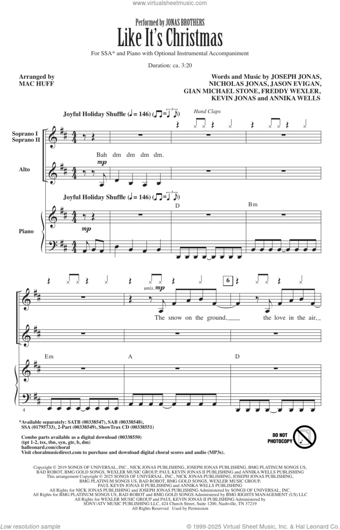 Like It's Christmas (arr. Mac Huff) sheet music for choir (SSA: soprano, alto) by Jonas Brothers, Mac Huff, Annika Wells, Freddy Wexler, Gian Michael Stone, Jason Evigan, Joseph Jonas, Kevin Jonas and Nicholas Jonas, intermediate skill level