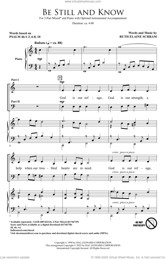 Be Still And Know sheet music for choir (2-Part Mixed) by Ruth Elaine Schram and Psalm 46:1-3, 6-8, 10, intermediate skill level