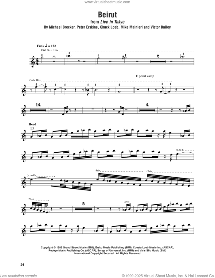 Beirut sheet music for tenor saxophone solo (transcription) by Steps Ahead, Chuck Loeb, Michael Brecker, Mike Mainieri, Peter Erskine and Victor Bailey, intermediate tenor saxophone (transcription)