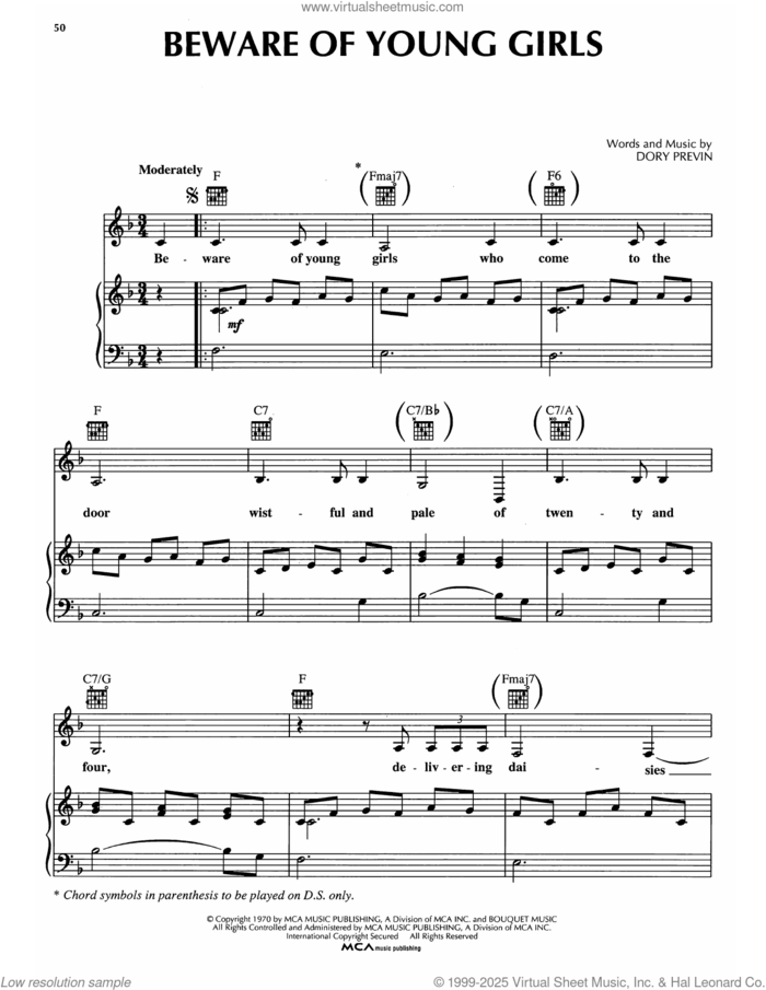 Beware Of Young Girls sheet music for voice, piano or guitar by Dory Previn, intermediate skill level