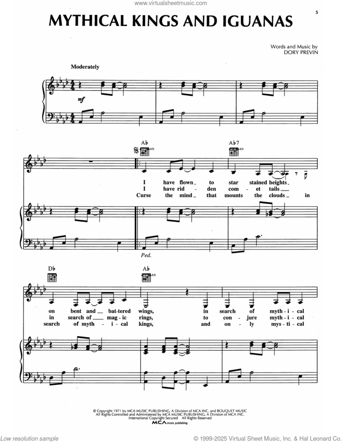 Mythical Kings And Iguanas sheet music for voice, piano or guitar by Dory Previn, intermediate skill level