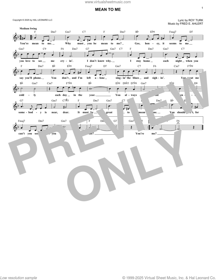 Mean To Me (from Love Me Or Leave Me) sheet music for voice and other instruments (fake book) by Fred Ahlert and Roy Turk, intermediate skill level