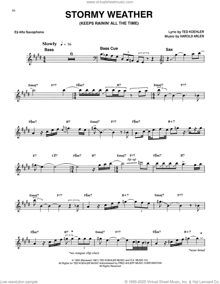Stormy Weather (Keeps Rainin' All The Time) sheet music for alto saxophone (transcription) by Eric Dolphy, Harold Arlen and Ted Koehler, intermediate skill level