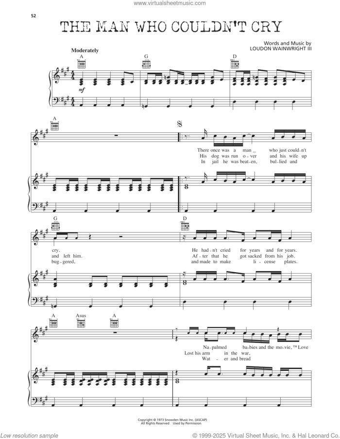 The Man Who Couldn't Cry sheet music for voice, piano or guitar by Loudon Wainwright III, intermediate skill level