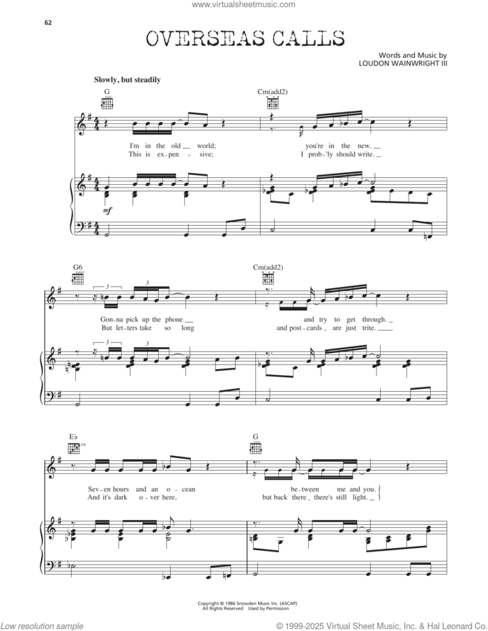 Overseas Calls sheet music for voice, piano or guitar by Loudon Wainwright III, intermediate skill level