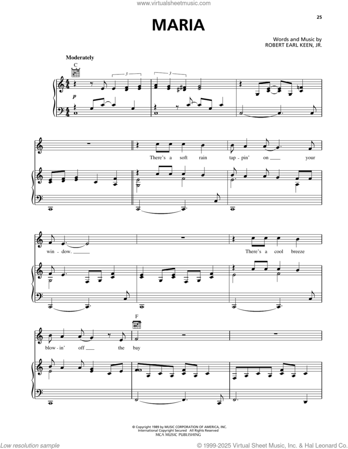 Maria sheet music for voice, piano or guitar by George Strait and Robert Earl Keen, Jr., intermediate skill level