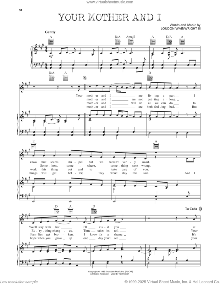 Your Mother And I sheet music for voice, piano or guitar by Loudon Wainwright III, intermediate skill level