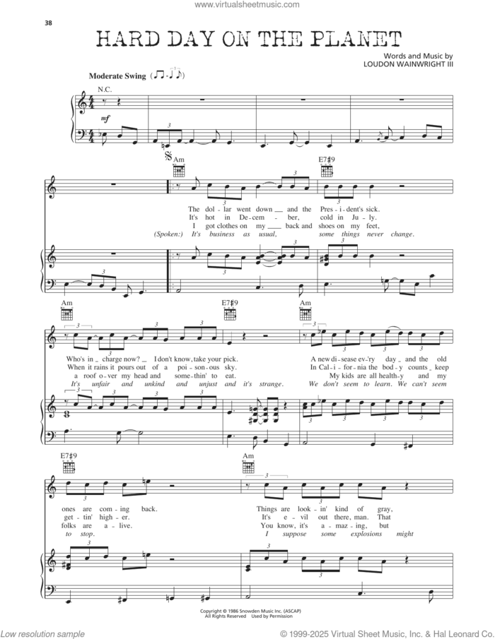 Hard Day On The Planet sheet music for voice, piano or guitar by Loudon Wainwright III, intermediate skill level