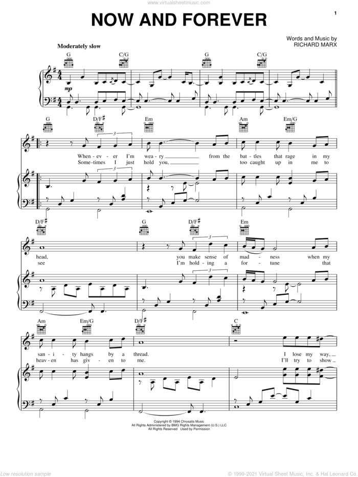Now And Forever sheet music for voice, piano or guitar by Richard Marx, intermediate skill level