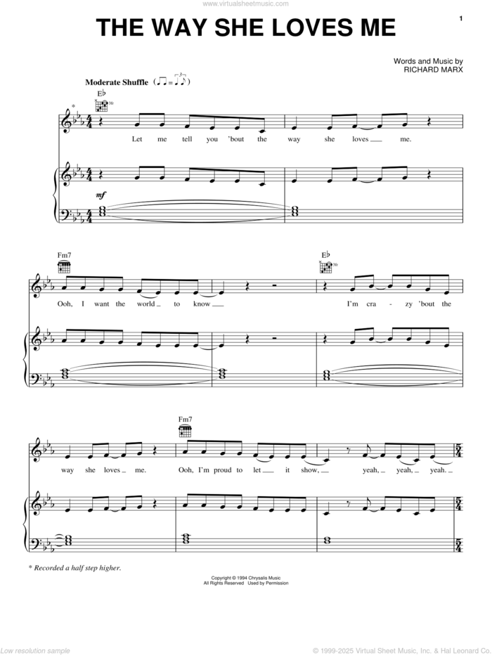 The Way She Loves Me sheet music for voice, piano or guitar by Richard Marx, intermediate skill level