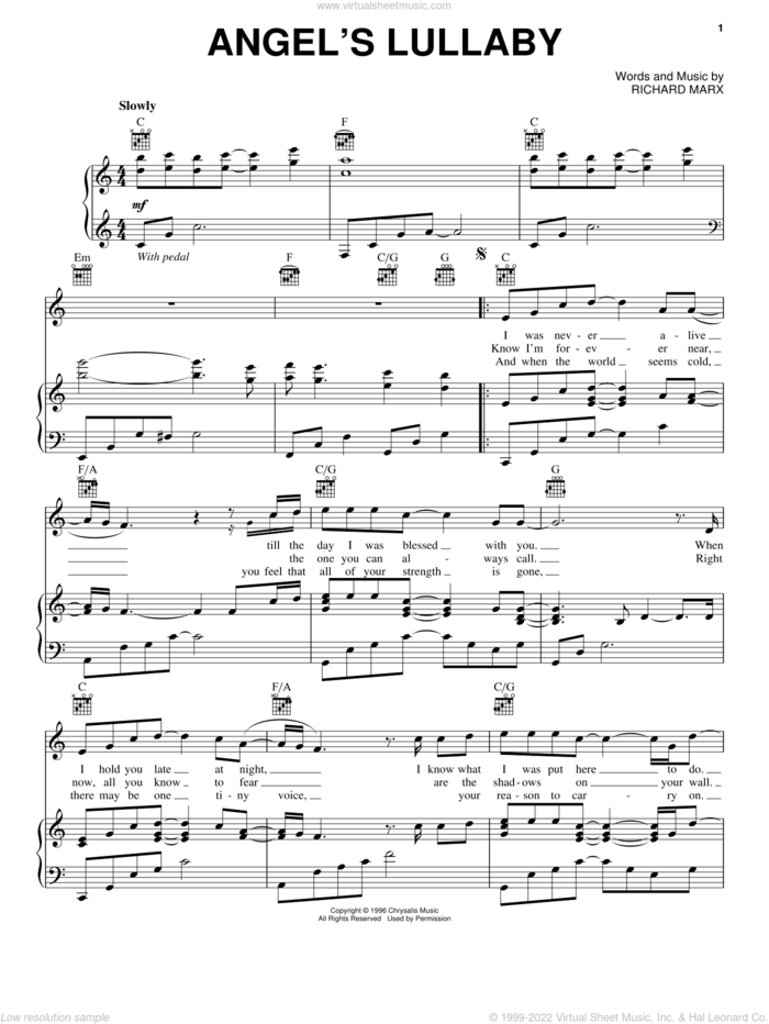 Angel's Lullaby sheet music for voice, piano or guitar by Richard Marx, intermediate skill level