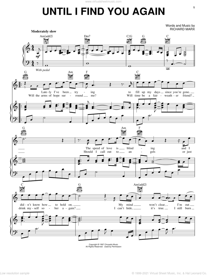 Until I Find You Again sheet music for voice, piano or guitar by Richard Marx, intermediate skill level