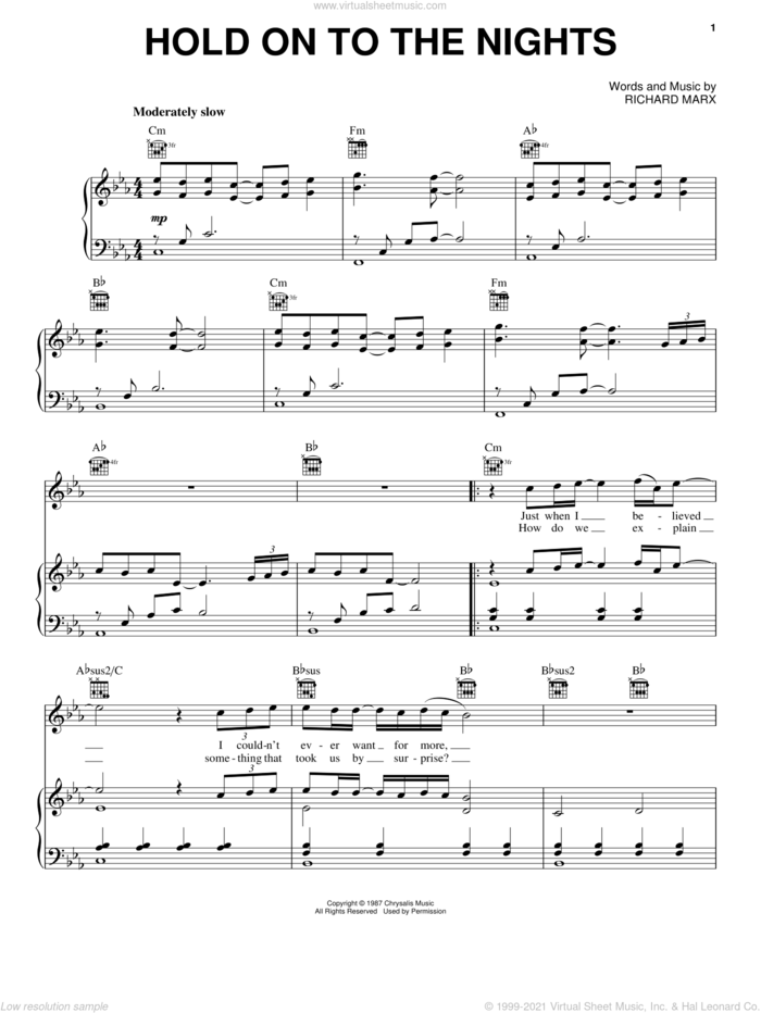 Hold On To The Nights sheet music for voice, piano or guitar by Richard Marx, intermediate skill level