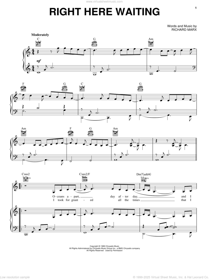 Right Here Waiting sheet music for voice, piano or guitar by Richard Marx, intermediate skill level