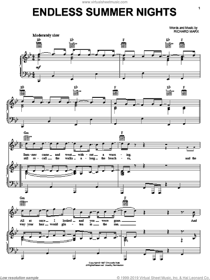 Endless Summer Nights sheet music for voice, piano or guitar by Richard Marx, intermediate skill level