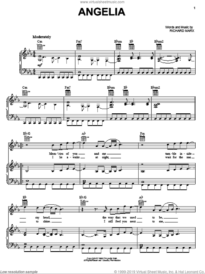 Angelia sheet music for voice, piano or guitar by Richard Marx, intermediate skill level