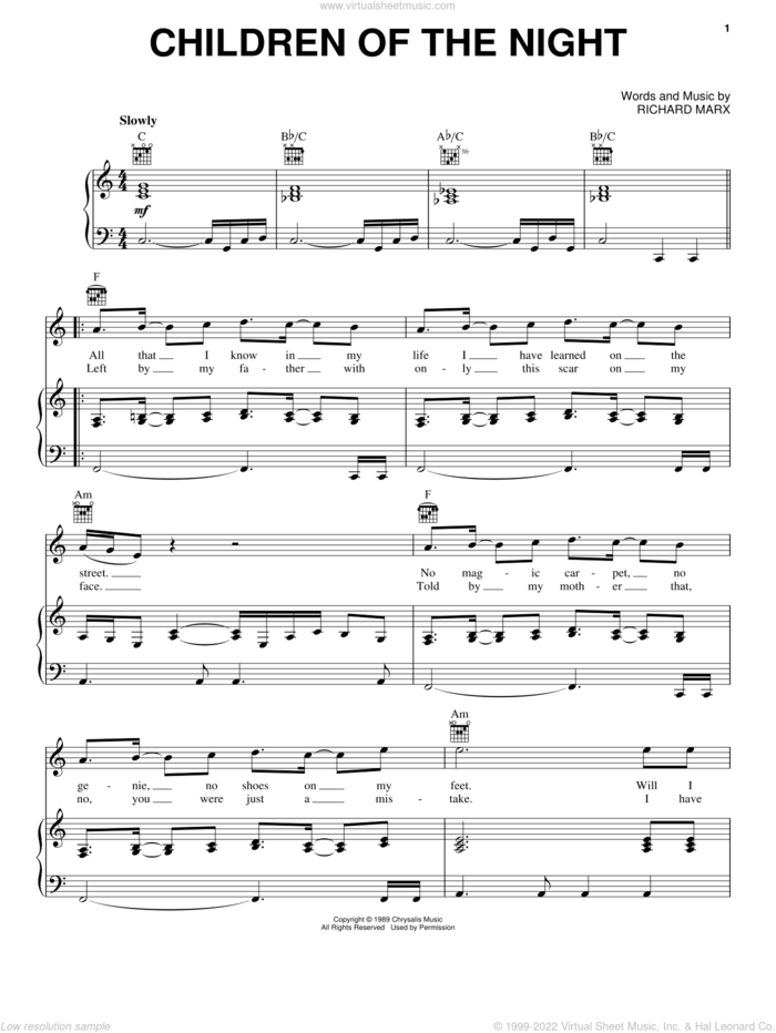 Children Of The Night sheet music for voice, piano or guitar by Richard Marx, intermediate skill level