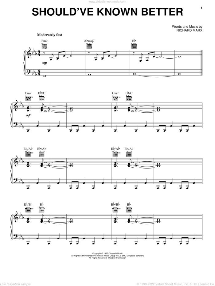 Should've Known Better sheet music for voice, piano or guitar by Richard Marx, intermediate skill level