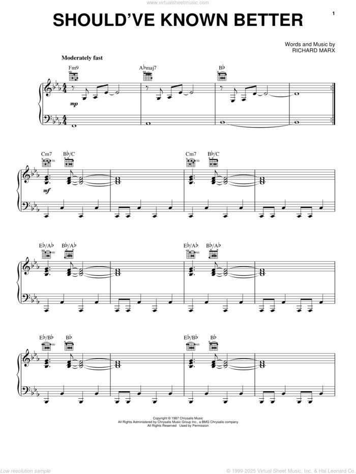 Should've Known Better sheet music for voice, piano or guitar by Richard Marx, intermediate skill level