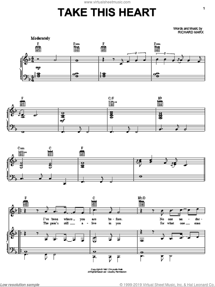 Take This Heart sheet music for voice, piano or guitar by Richard Marx, intermediate skill level