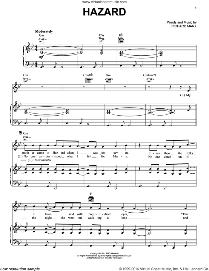 Hazard sheet music for voice, piano or guitar by Richard Marx, intermediate skill level