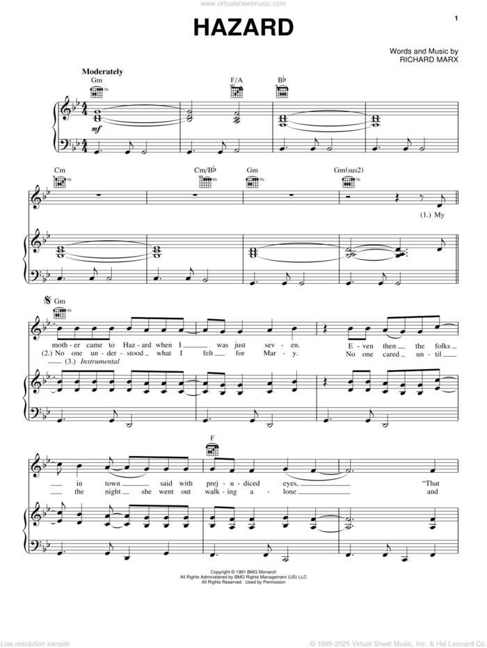 Hazard sheet music for voice, piano or guitar by Richard Marx, intermediate skill level