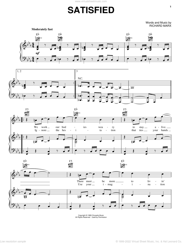 Satisfied sheet music for voice, piano or guitar by Richard Marx, intermediate skill level