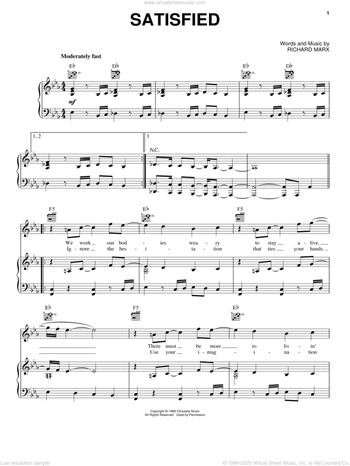 Satisfied sheet music for voice, piano or guitar by Richard Marx, intermediate skill level