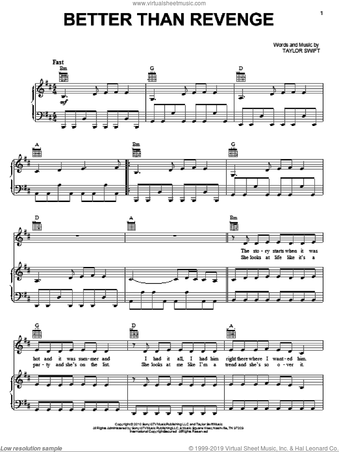 Better Than Revenge sheet music for voice, piano or guitar by Taylor Swift, intermediate skill level