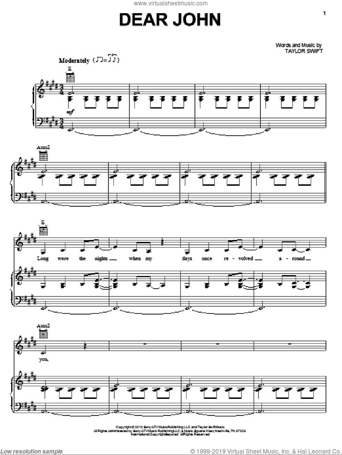 Dear John sheet music for voice, piano or guitar by Taylor Swift, intermediate skill level