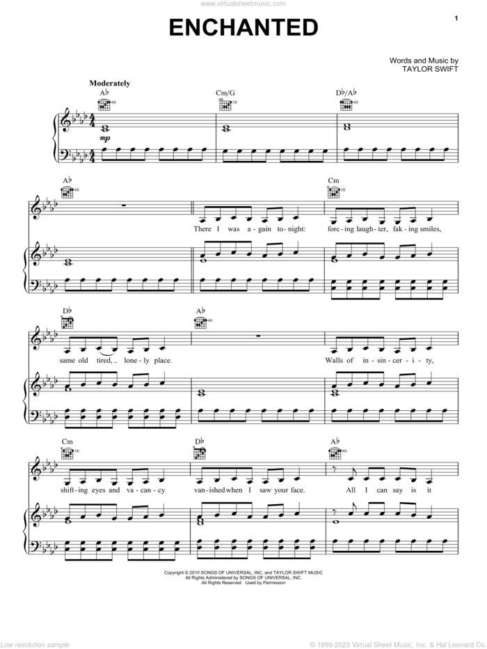 Enchanted sheet music for voice, piano or guitar by Taylor Swift, intermediate skill level