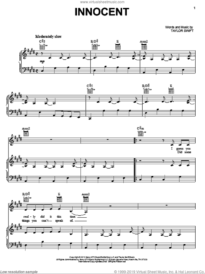 Innocent sheet music for voice, piano or guitar by Taylor Swift, intermediate skill level