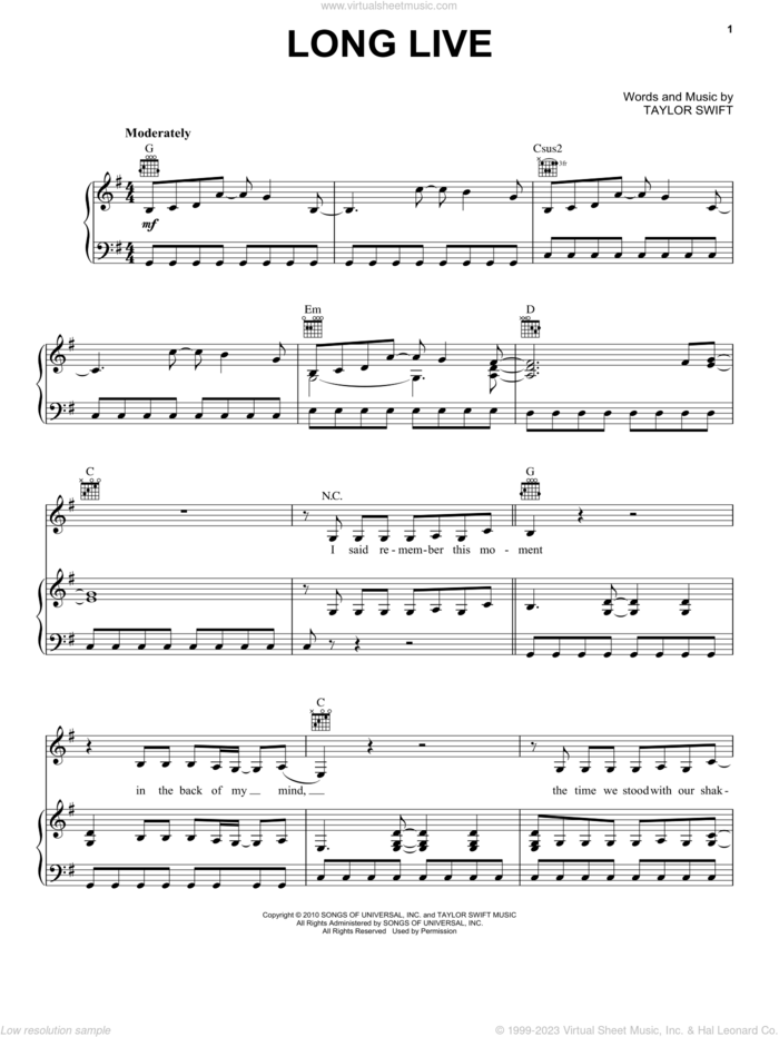 Long Live sheet music for voice, piano or guitar by Taylor Swift, intermediate skill level