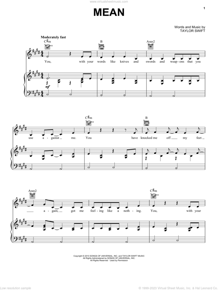 Mean sheet music for voice, piano or guitar by Taylor Swift, intermediate skill level