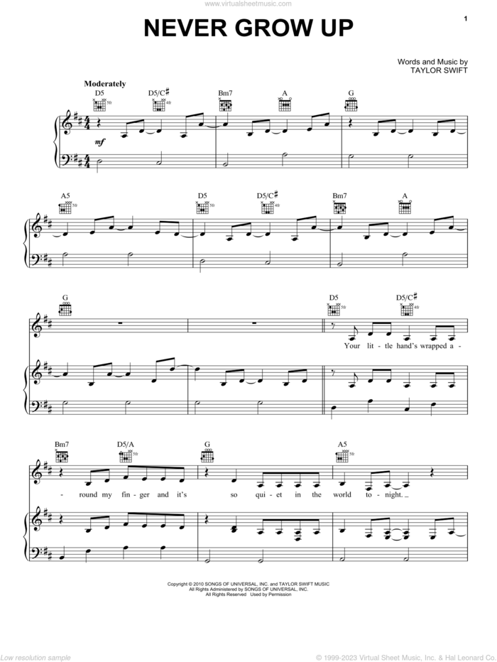 Never Grow Up sheet music for voice, piano or guitar by Taylor Swift, intermediate skill level