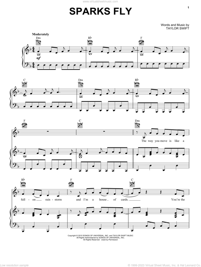 Sparks Fly sheet music for voice, piano or guitar by Taylor Swift, intermediate skill level