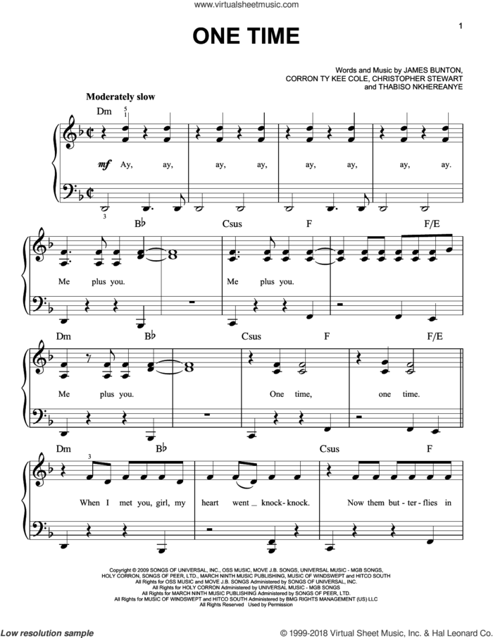 One Time sheet music for piano solo by Justin Bieber, Christopher Stewart, Corron Ty Kee Cole, James Bunton and Thabiso Nkhereanye, easy skill level