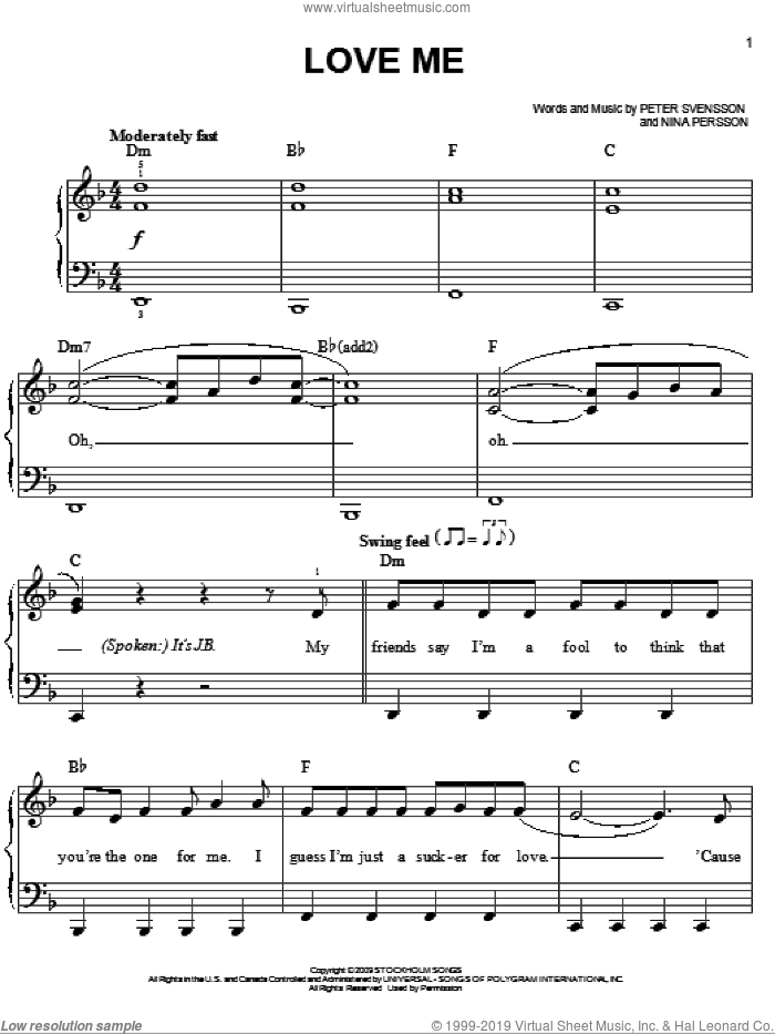 Love Me sheet music for piano solo by Justin Bieber, Nina Persson and Peter Svensson, easy skill level