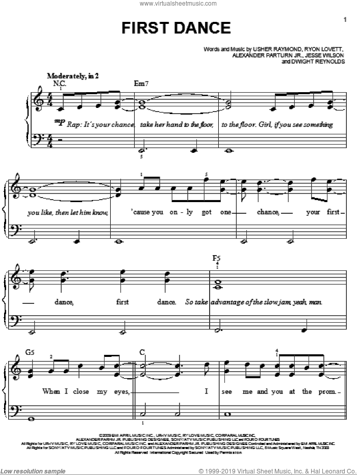 First Dance sheet music for piano solo by Justin Bieber, Alexander Parhm Jr., Dwight Reynolds, Jesse Wilson, Ryon Lovett and Usher Raymond, easy skill level