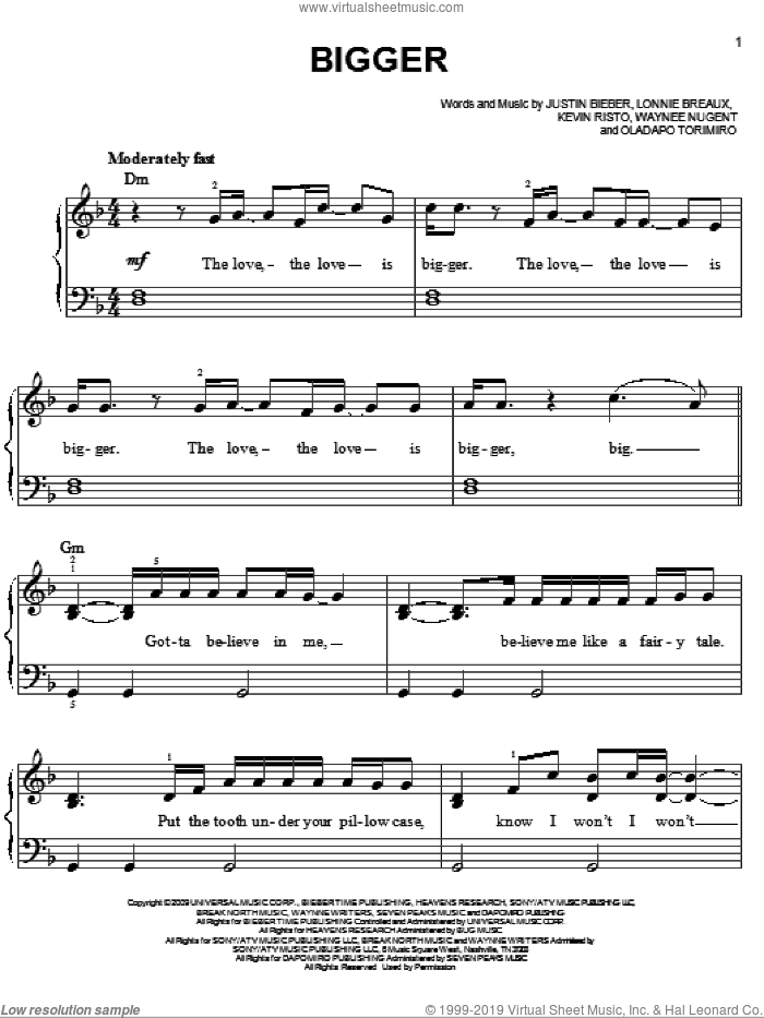 Bigger sheet music for piano solo by Justin Bieber, Kevin Risto, Lonnie Breaux, Oladapo Torimiro and Waynne Nugent, easy skill level