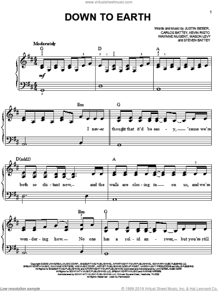 Down To Earth sheet music for piano solo by Justin Bieber, Carlos Battey, Kevin Risto, Mason Levy, Steven Battey and Waynne Nugent, easy skill level