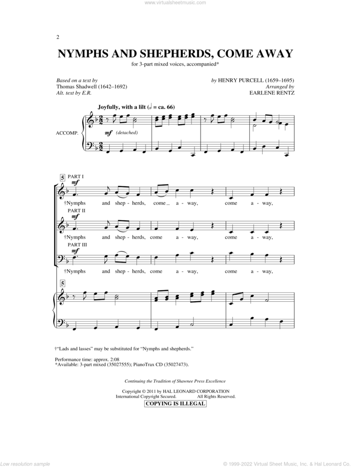 Nymphs And Shepherds, Come Away sheet music for choir (3-Part Mixed) by Henry Purcell, Thomas Shadwell and Earlene Rentz, intermediate skill level