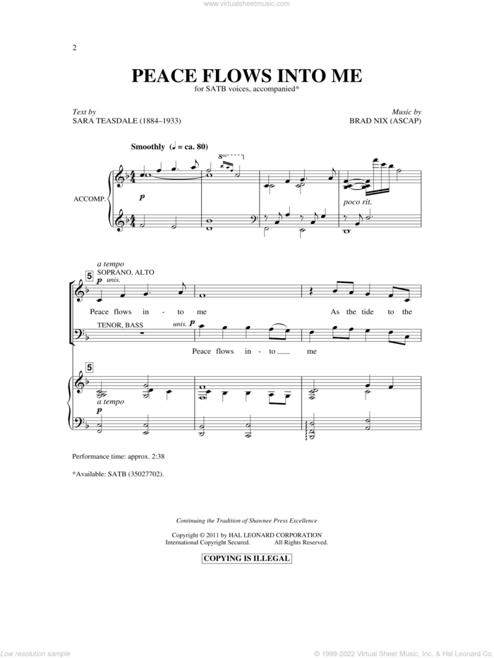 Peace Flows Into Me sheet music for choir (SATB: soprano, alto, tenor, bass) by Brad Nix and Sara Teasdale, intermediate skill level