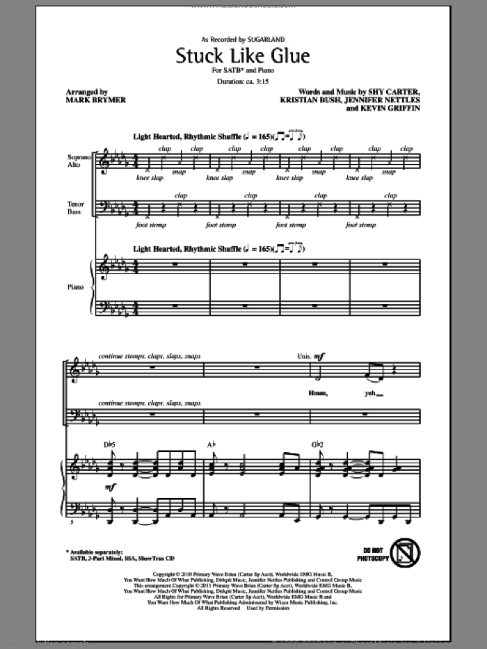 Stuck Like Glue sheet music for choir (SATB: soprano, alto, tenor, bass) by Jennifer Nettles, Kevin Griffin, Kristian Bush, Shy Carter, Mark Brymer and Sugarland, intermediate skill level