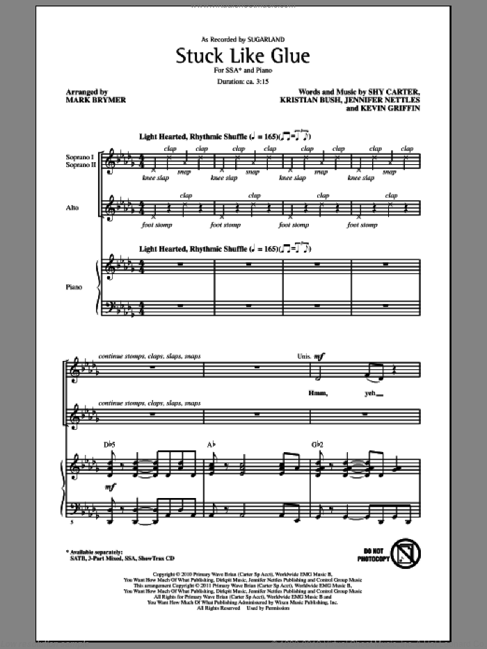 Stuck Like Glue sheet music for choir (SSA: soprano, alto) by Jennifer Nettles, Kevin Griffin, Kristian Bush, Shy Carter, Mark Brymer and Sugarland, intermediate skill level