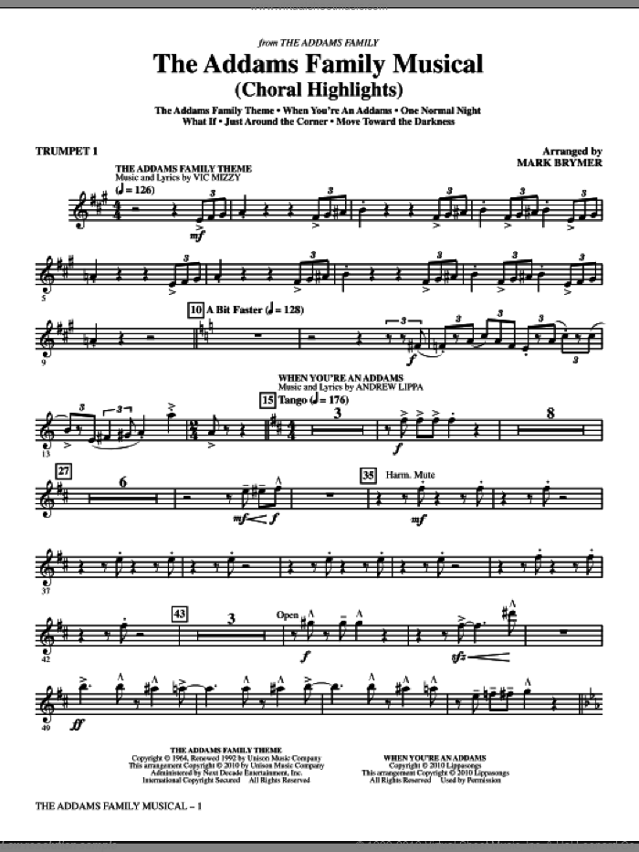 The Addams Family Musical (Choral Highlights) (complete set of parts) sheet music for orchestra/band by Mark Brymer, intermediate skill level